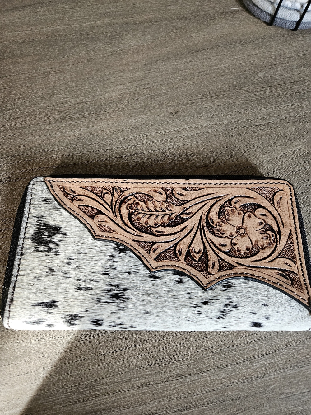Hand-Tooled Floral Cowhide Zip Wallet - Black & White-NWOT